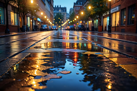 Dramatic night city street with wet asphalt and reflections in waterの素材