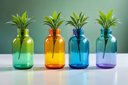 Green plant in colorful glass bottles on white table and green background.の素材