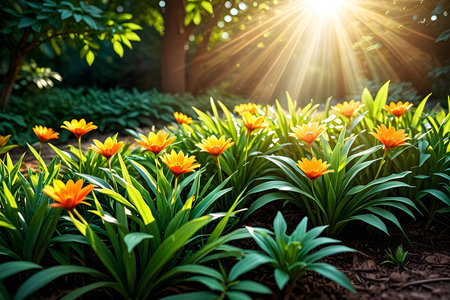 Beautiful orange tulip flower blooming in the garden with sunlight.の素材