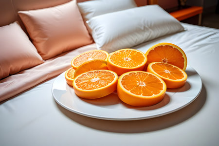 Slices of orange on a white plate on the bed.の素材