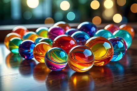 Colorful marbles on a wooden table with bokeh backgroundの素材