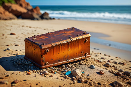 Old rusty suitcase on sandy beach near the ocean. Selective focus.の素材