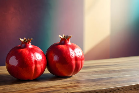 Pomegranates on wooden table in front of blurred background.の素材
