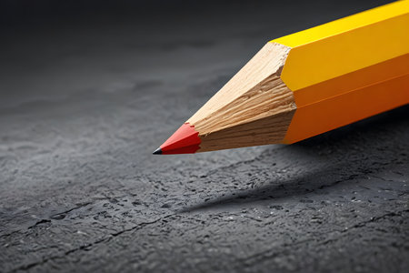 Close up of yellow pencil on black textured background with copy spaceの素材