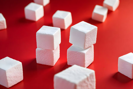 Cubes of white sugar on a red background. Close-up.の素材
