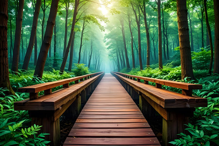 Wooden walkway in the green forest at sunrise. Nature backgroundの素材