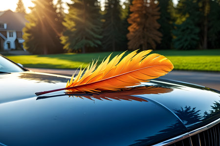 Autumn feather on the hood of a black car. The concept of freedom and success.の素材