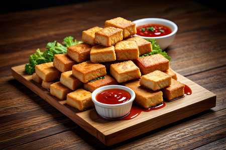 Fried tofu with ketchup and parsley on a wooden boardの素材