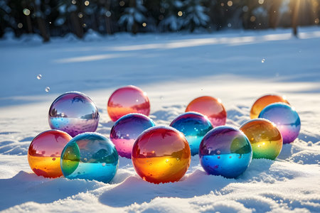 Colorful christmas balls on the snow in the winter forest.の素材