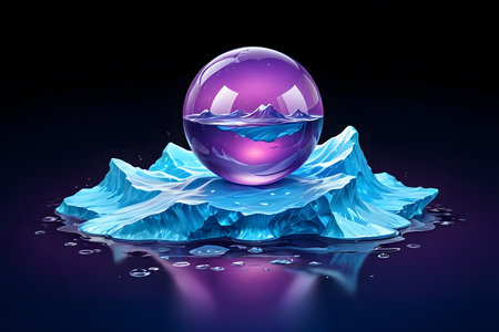 Illustration of magic crystal ball with water and ice on black backgroundの素材