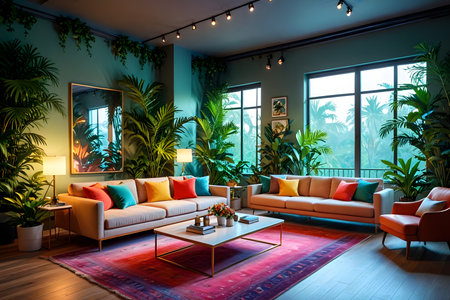 Interior of a modern living room with large windows and green plantsの素材