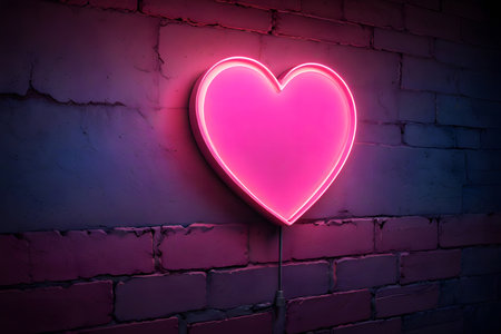 Neon heart sign on brick wall background. Valentine's day concept.の素材