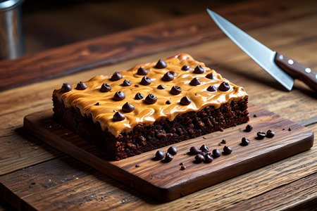 Piece of chocolate cake on wooden board with knife and coffee beansの素材