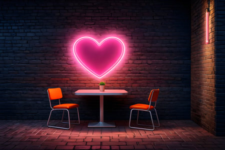 Luminous pink heart on a table in a dark room with chairsの素材