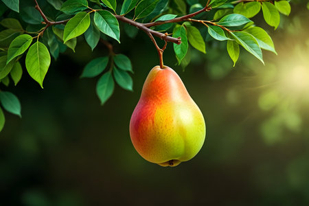 Ripe pear hanging on a branch of a tree with leaves.の素材