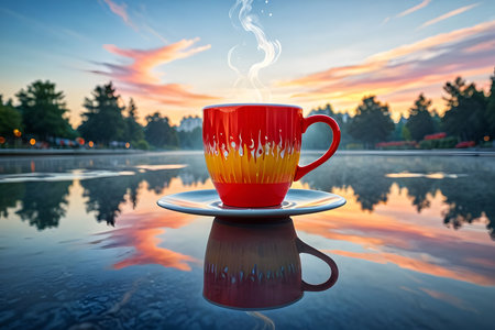 Cup of coffee on a background of the lake and sunset.の素材
