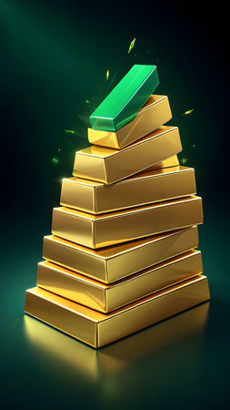 3d illustration of stack of gold bars over dark background with light effectの素材