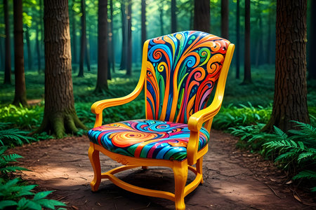 Colorful vintage armchair in the forest. 3d rendering.の素材