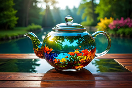 Teapot with flowers on the background of a swimming pool.の素材