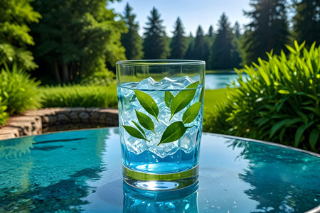 Glass of water with ice and green leaves on the table in the gardenの素材