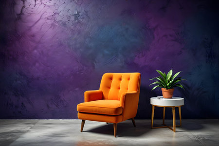 Orange armchair and coffee table near blue wall. 3d renderingの素材