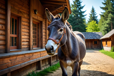 Donkey in the yard of a country house in the Carpathiansの素材