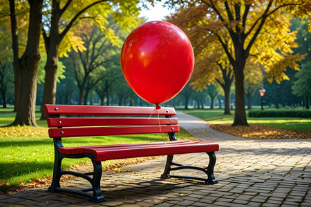 Red balloon on a bench in the autumn park. 3d renderingの素材