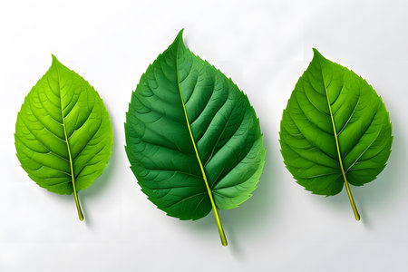 Three green leaves isolated on white background. Realistic vector illustration.の素材