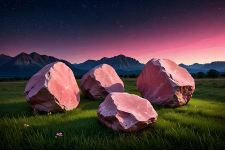 3d render of pink stones in the meadow at night.の素材