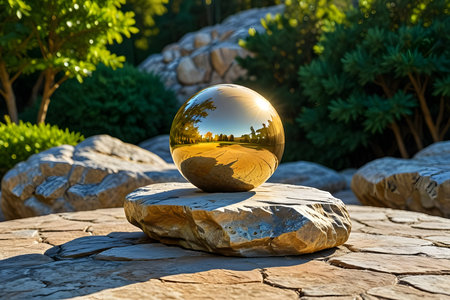Glass ball with the reflection of the city inside on a stone.の素材