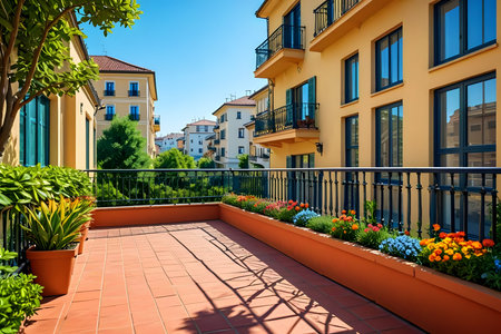 Beautiful terrace with flowers on the balcony of a modern apartment buildingの素材