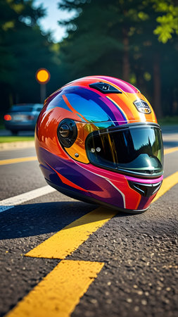 Biker helmet on the road in the evening with traffic lights in the backgroundの素材