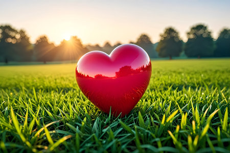 Red heart on the green grass at sunset. Valentine's day concept.の素材