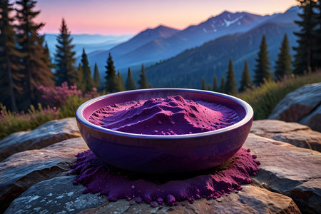 Colorful holi powder in a bowl on the top of the mountain.の素材