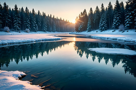 Beautiful winter landscape with frozen river and pine forest at sunset.の素材