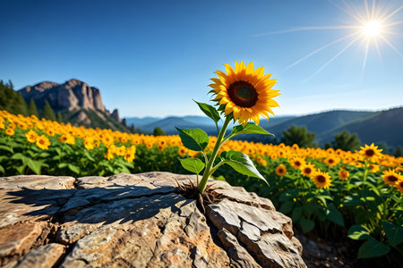 Sunflower in the field with mountains in the background. Beautiful summer landscape.の素材