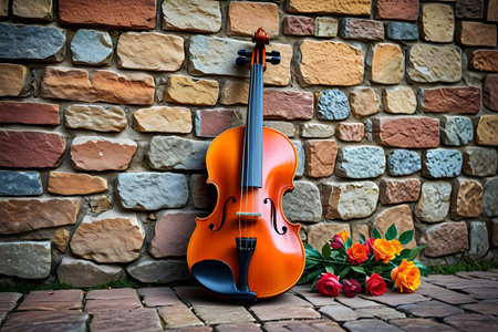 Violin and tulips on brick wall background, vintage style.の素材