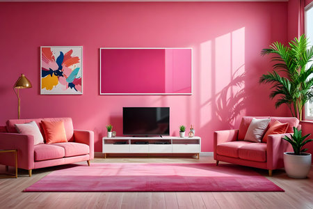 Pink living room interior with pink sofa, pink TV and pink armchairの素材