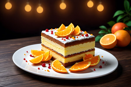 Tiramisu cake with orange and cranberry on wooden backgroundの素材