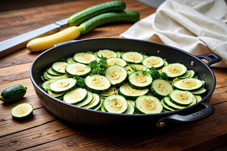 Sliced zucchini in a pan on a wooden tableの素材