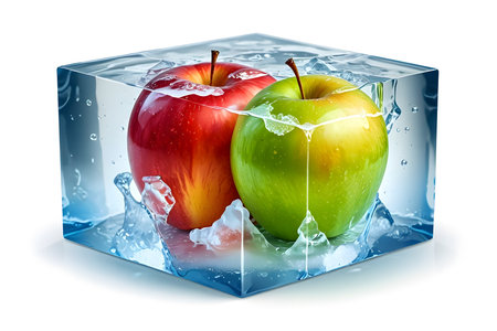 ice cube with red and green apples isolated on white background 3d illustrationの素材