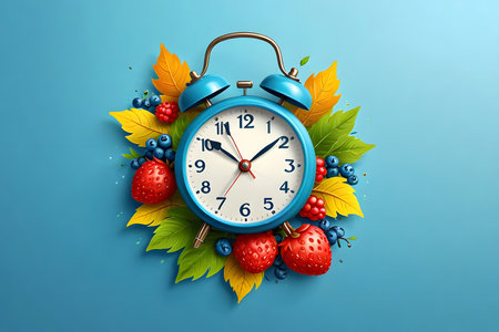 Alarm clock with autumn leaves and berries on blue background. Vector illustration.の素材