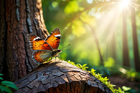Butterfly on a tree in the forest. Beautiful nature background.の素材