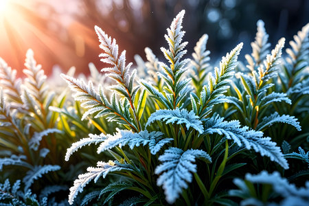 Frosty grass in the sun rays. Close-up.の素材