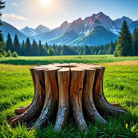 Stump in meadow with mountain range in the background, Switzerlandの素材