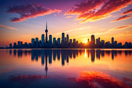 Shanghai skyline at sunset with reflection in Huangpu river.の素材