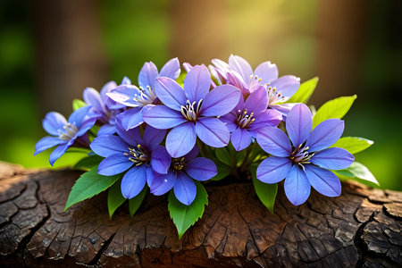 Bouquet of blue flowers on a tree stump in the forestの素材