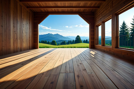 Wooden room with mountain view in the background. 3d renderingの素材