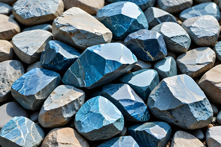 Closeup of a large pile of blue stone pebbles.の素材