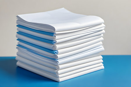 Stack of white paper sheets on blue table and gray wall background.の素材
